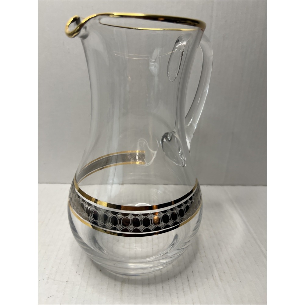 Vintage Bohemia Crystalex Glass Pitcher Gold Detail Hand Painted Crystal